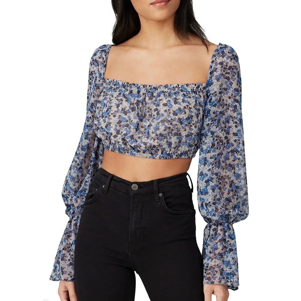 Fame and Partners The Willet Blue Floral Crop Top Long Sleeve Square Neck Sz 8